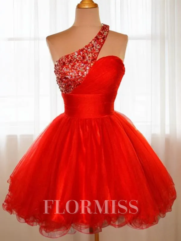 A-Line/Princess One-Shoulder Short/Mini Tulle Homecoming Dress With Sequin