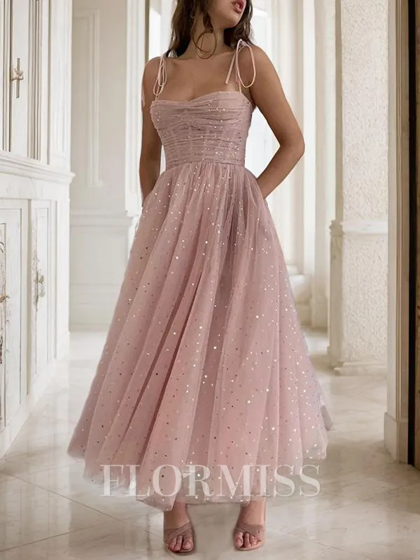 A-Line/Princess Spaghetti Straps Ankle-Length Homecoming Dress