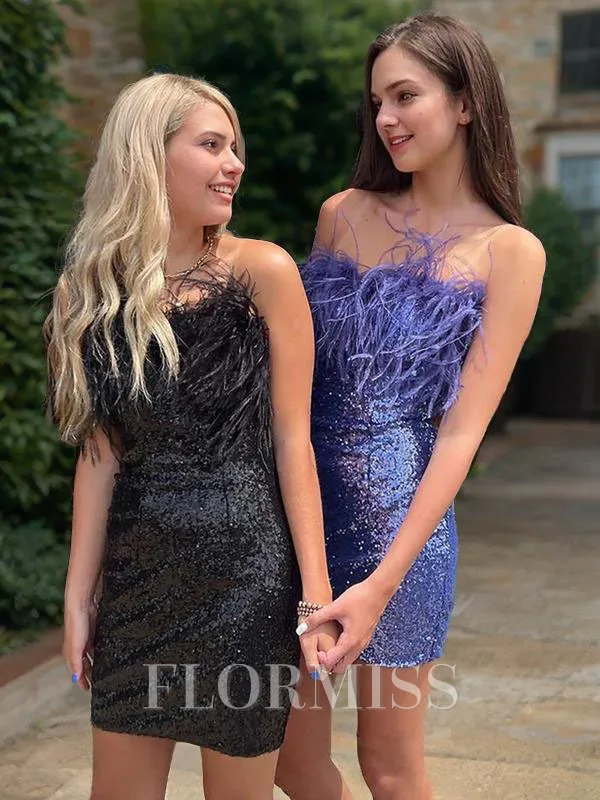 Sheath/Column Strapless Short/Mini Sequins Homecoming Dress With Feather