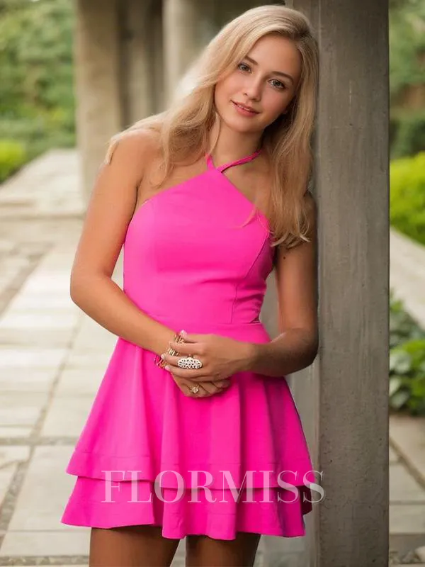 A-Line/Princess Halter Short/Mini Stretch Crepe Homecoming Dress With Ruffles