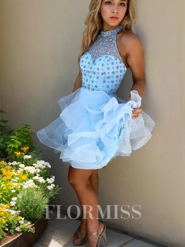 A-Line/Princess High Neck Short/Mini Tulle Homecoming Dress