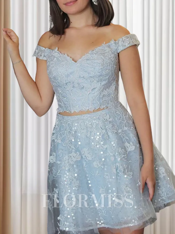 A-Line/Princess Off-the-Shoulder Short/Mini Lace Applique Homecoming Dress