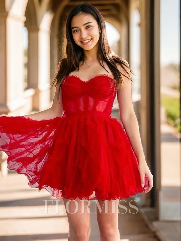A-line Sweetheart Ruffles Short/Mini Tulle Corset Homecoming Dress