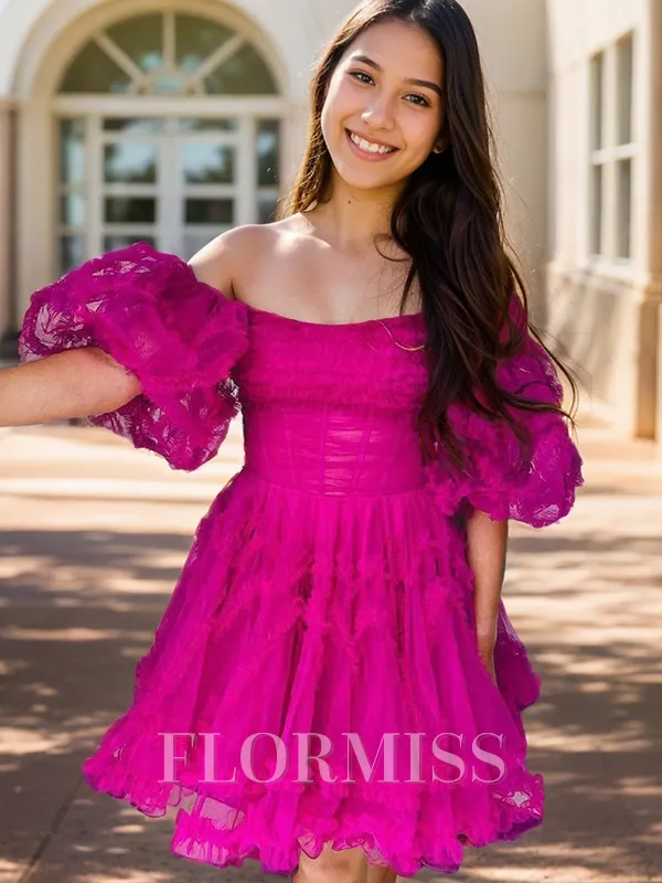 A-line Straight Short Sleeves Ruffles Short/Mini Tulle Corset Homecoming Dress