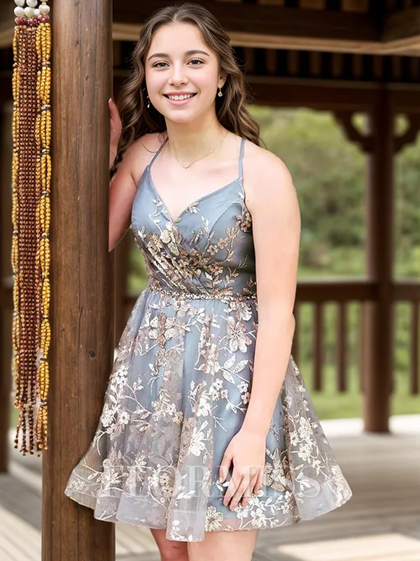 A-line V-neck Appliques Lace Short/Mini Lace Homecoming Dress