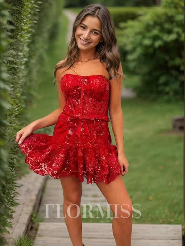 Sheath Straight Appliques Lace Short/Mini Lace Corset Homecoming Dress