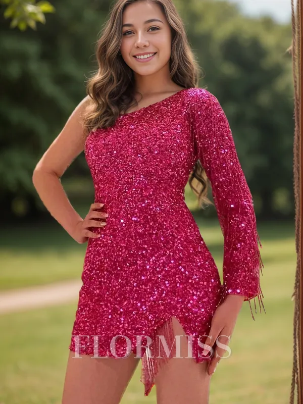 Sheath One-Shoulder Long Sleeves Short/Mini Velvet Sequins Homecoming Dress