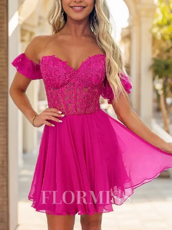 A-line Sweetheart Short Sleeves Appliques Lace Short/Mini Chiffon Corset Homecoming Dress