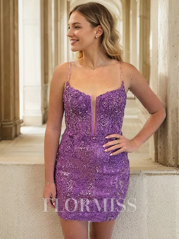 Sheath Spaghetti Straps Appliques Lace Short/Mini Sequins Corset Homecoming Dress