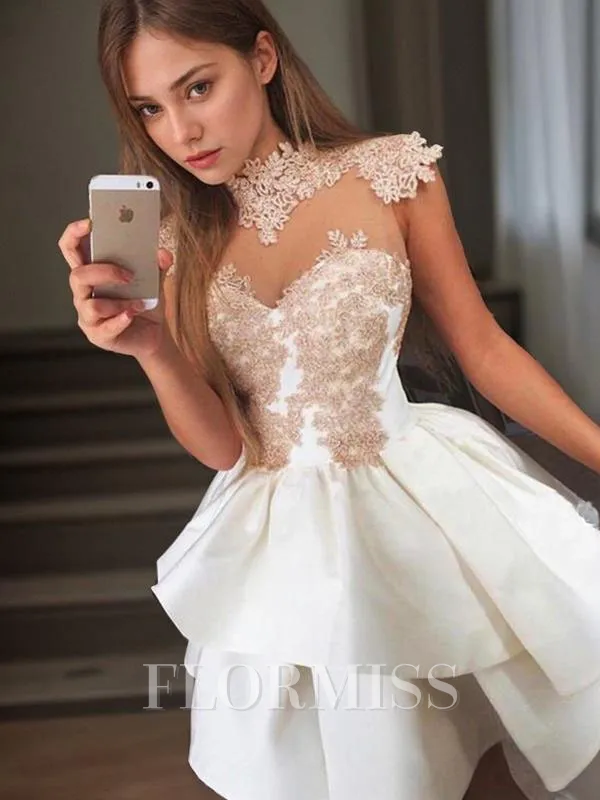 A-Line/Princess High Neck Short/Mini Satin Homecoming Dress
