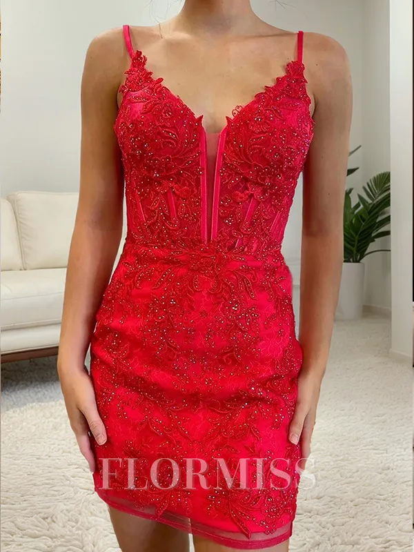 Sheath V-neck Appliques Lace Short/Mini Lace Corset Homecoming Dress
