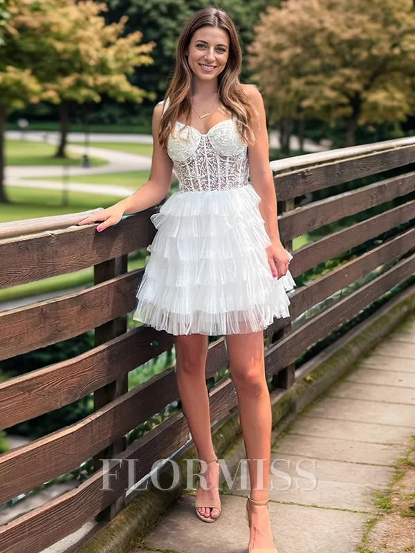 A-line Sweetheart Appliques Lace Short/Mini Tulle Corset Homecoming Dress