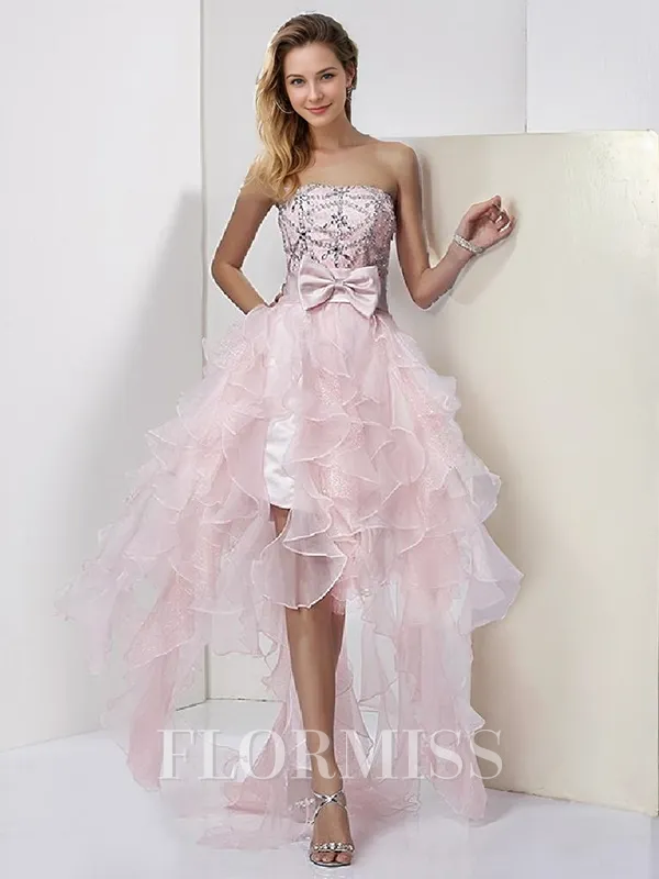 A-line Strapless Bow Asymmetrical Organza Homecoming Dress