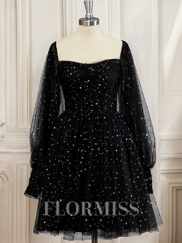 A-line Square Long Sleeves Ruffles Knee-Length Short Homecoming Dress