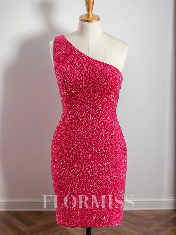 Sheath One-Shoulder Sequin Short/Mini Velvet Sequins Homecoming Dress