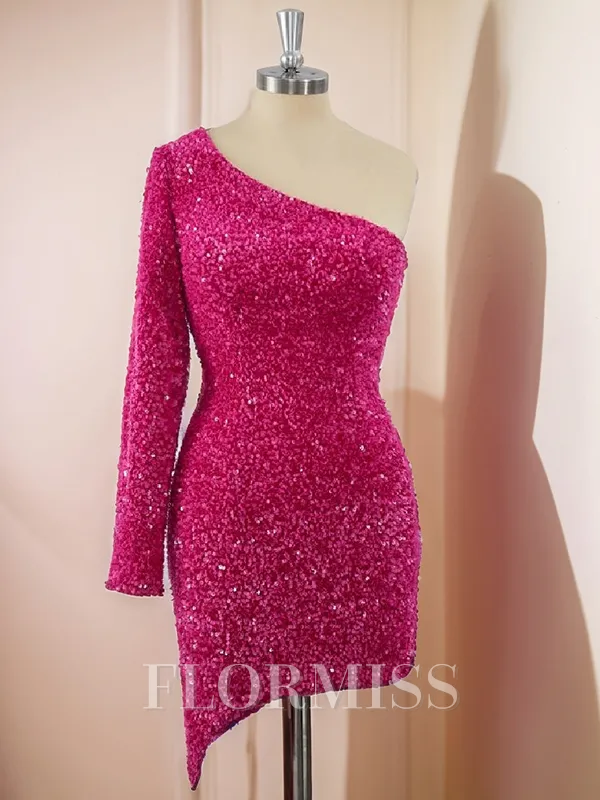 Sheath Long Sleeves Velvet Sequins One-Shoulder Short/Mini Homecoming Dress