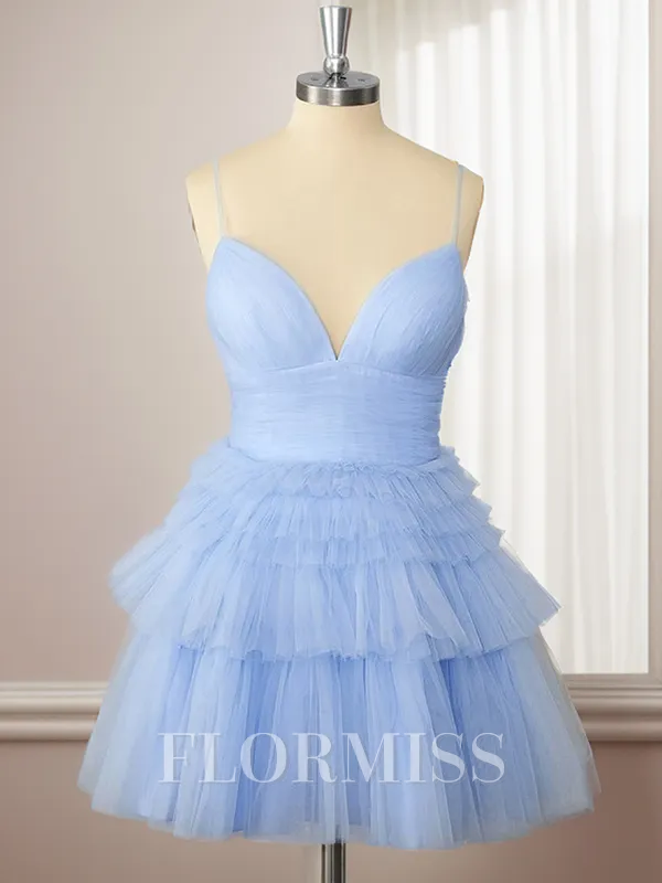A-line Tulle Spaghetti Straps Ruffles Short/Mini Homecoming Dress