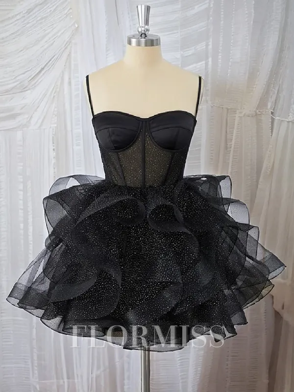 A-line Satin Spaghetti Straps Cascading Ruffles Corset Short/Mini Homecoming Dress