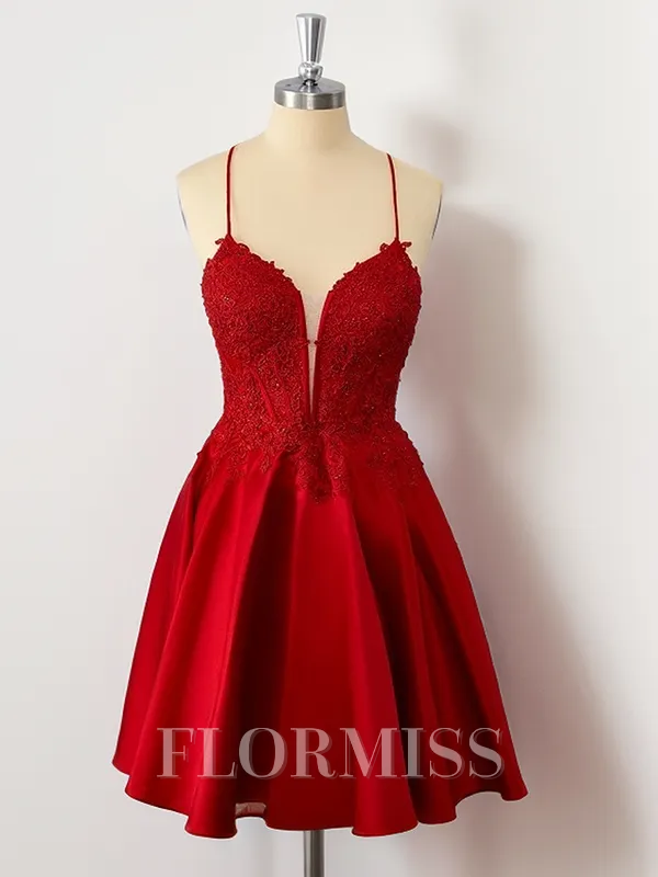 A-line Satin Red Spaghetti Straps Appliques Lace Corset Short/Mini Homecoming Dress