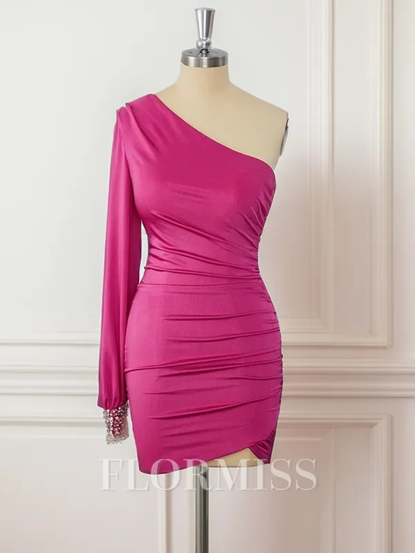Sheath Long Sleeves Jersey One-Shoulder Pleated Short/Mini Homecoming Dress