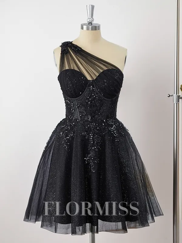 A-line Tulle One-Shoulder Sequin Corset Short/Mini Homecoming Dress