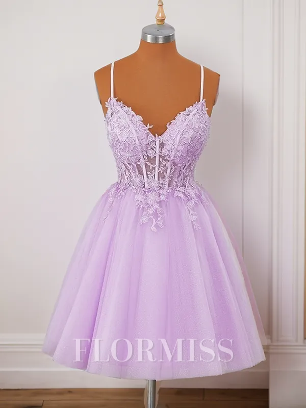 A-line Tulle V-neck Appliques Lace Corset Short/Mini Homecoming Dress