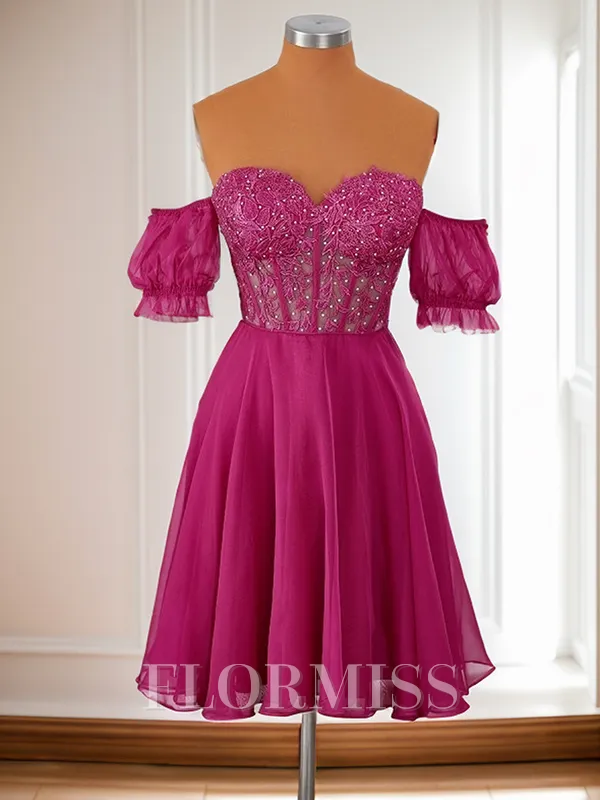 A-line Short Sleeves 30D Chiffon Appliques Lace Corset Convertible Short/Mini Homecoming Dress