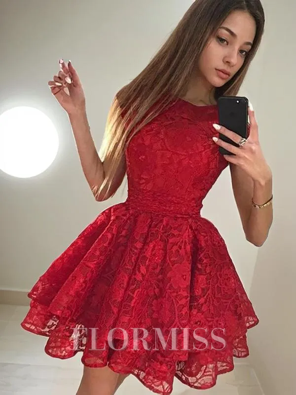A-Line/Princess Scoop Short/Mini Lace Homecoming Dress With Lace