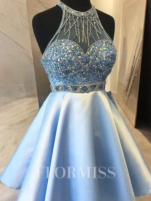 A-Line/Princess Halter Short/Mini Satin Homecoming Dress With Beading