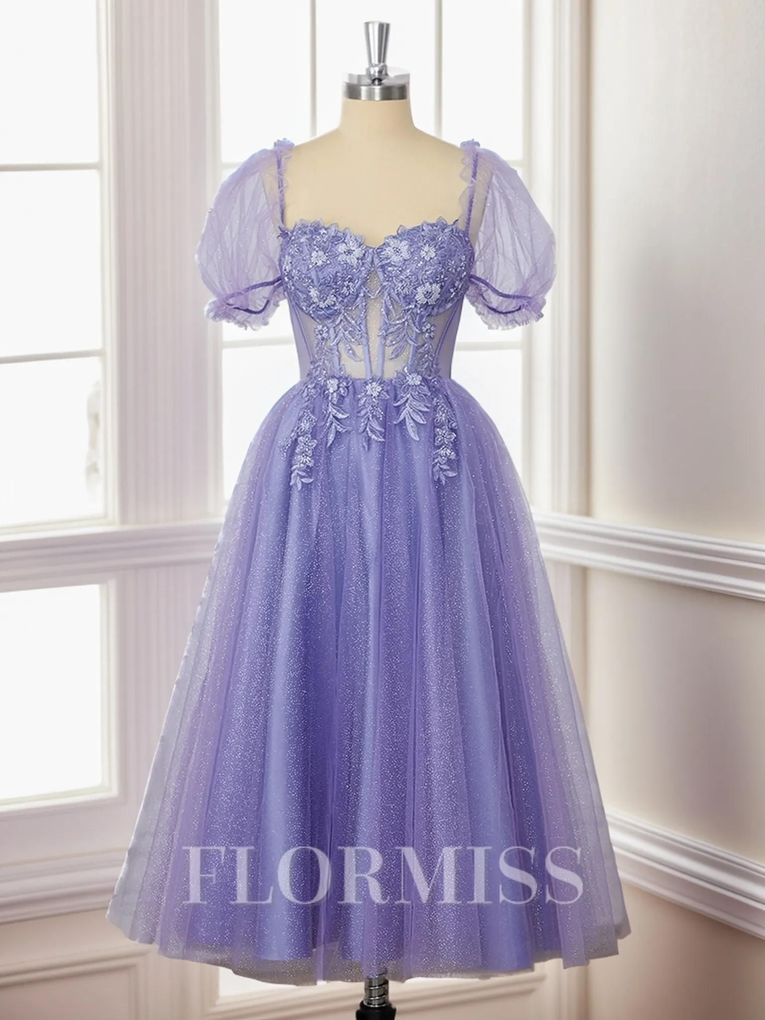 A-line Short Sleeves Lace Sweetheart Appliques Lace Corset Tea-Length Homecoming Dress