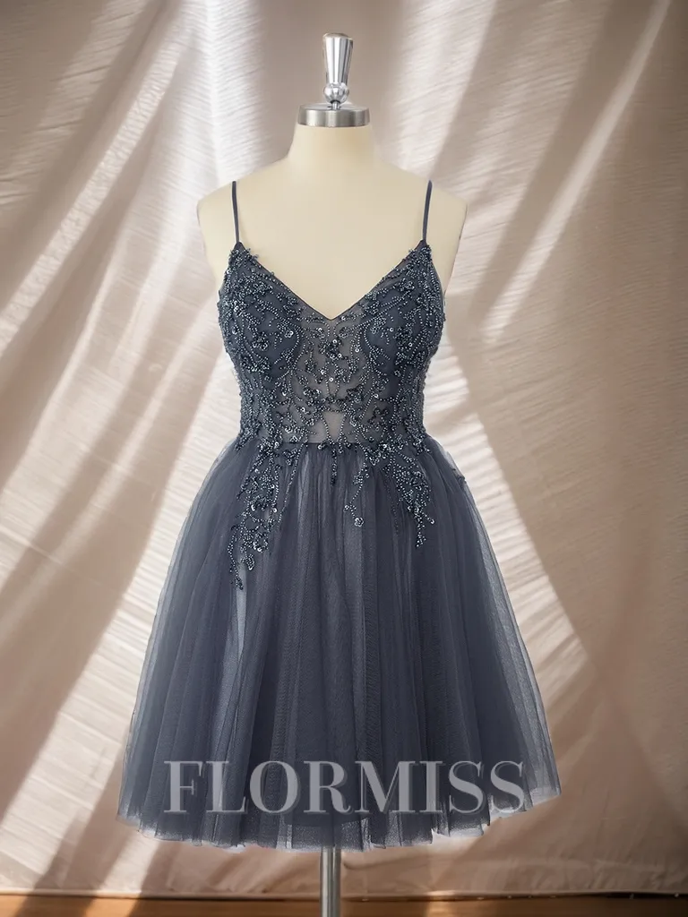 A-line Tulle V-neck Beading Short/Mini Homecoming Dress