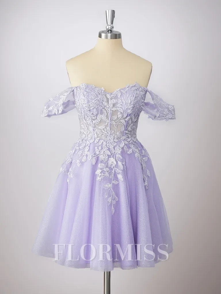A-line Tulle Off-the-Shoulder Appliques Lace Corset Short/Mini Homecoming Dress