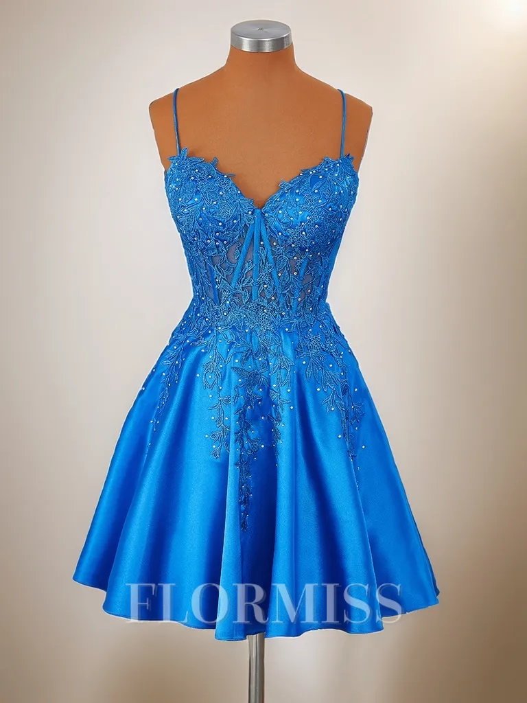 A-line Silk Like Satin V-neck Appliques Lace Corset Short/Mini Homecoming Dress