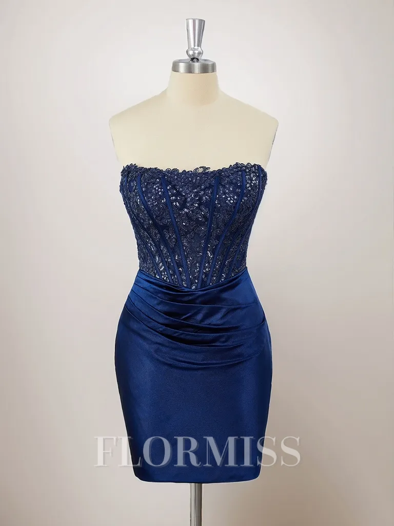 Sheath Silk Like Satin Strapless Appliques Lace Corset Short/Mini Homecoming Dress