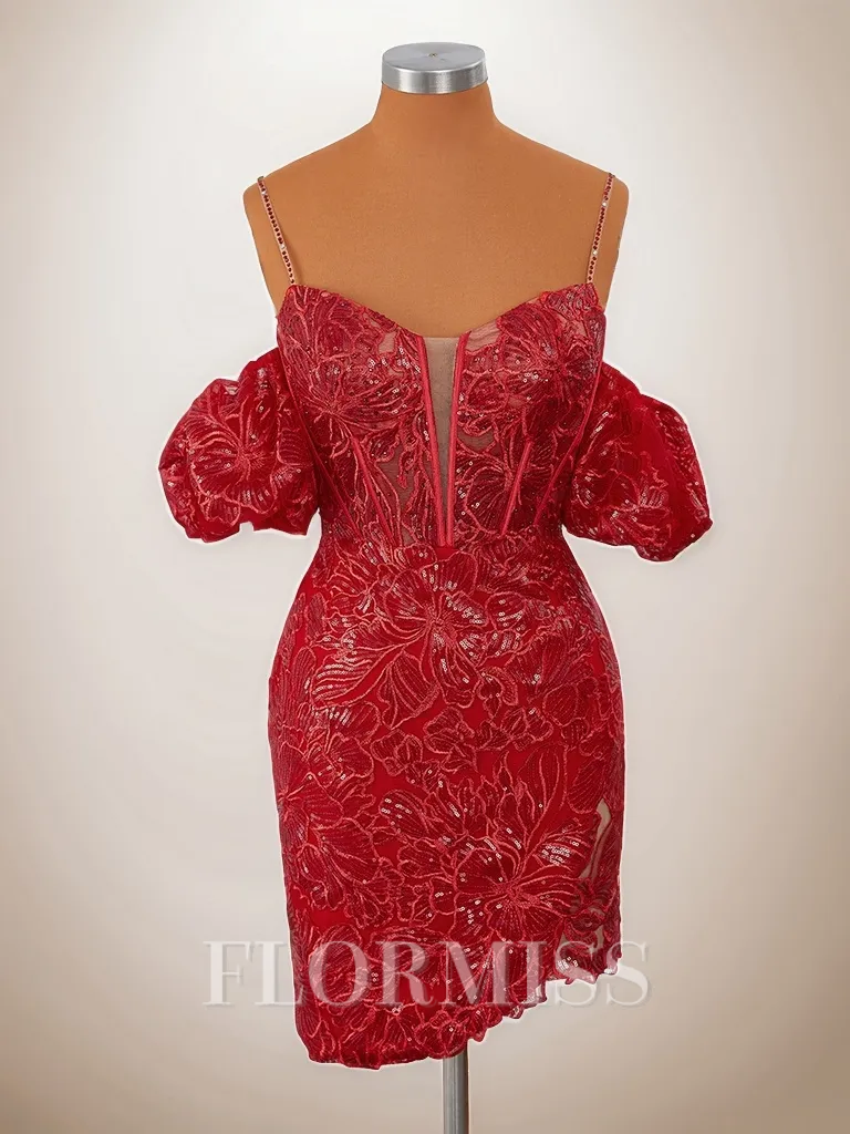 Sheath Short Sleeves Lace Spaghetti Straps Sequin Corset Convertible Short/Mini Homecoming Dress