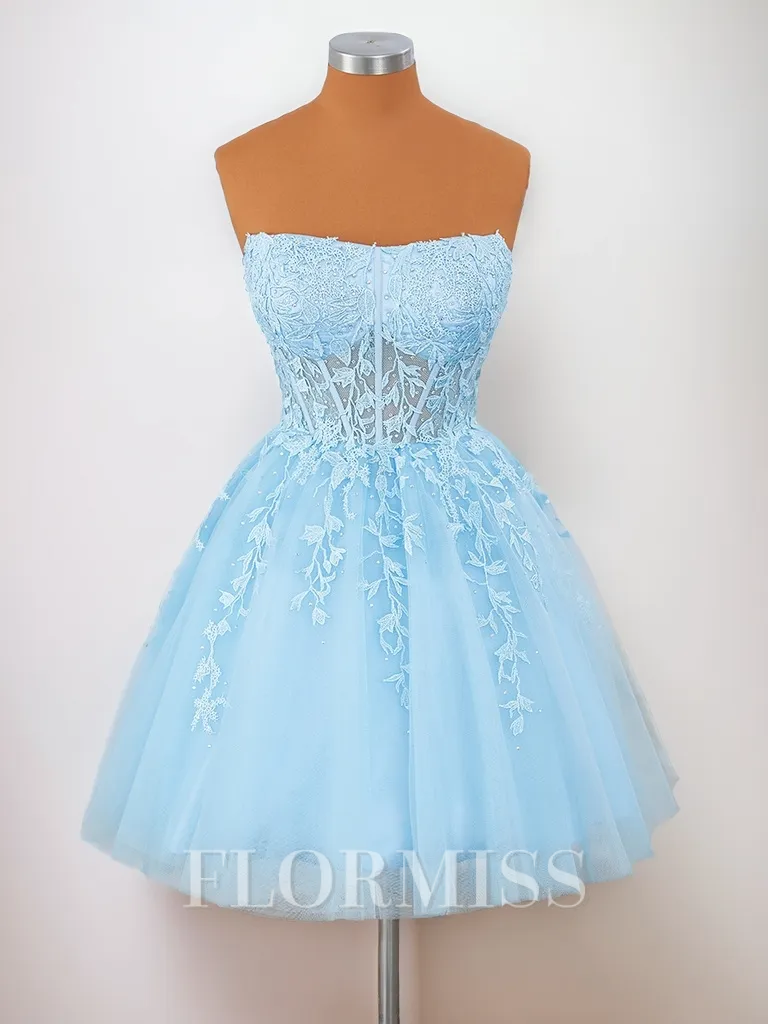 A-line Tulle Strapless Appliques Lace Corset Short/Mini Homecoming Dress