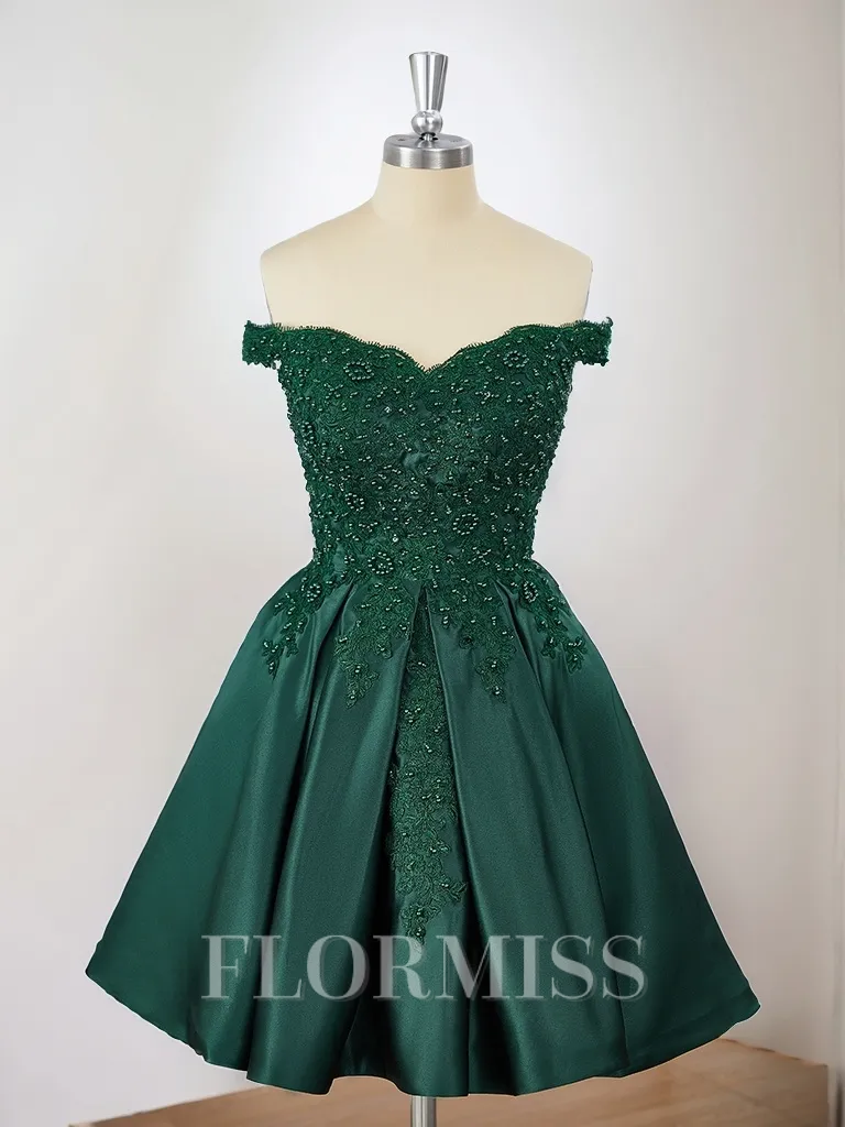 Ball-Gown Satin Off-the-Shoulder Beading Short/Mini Homecoming Dress