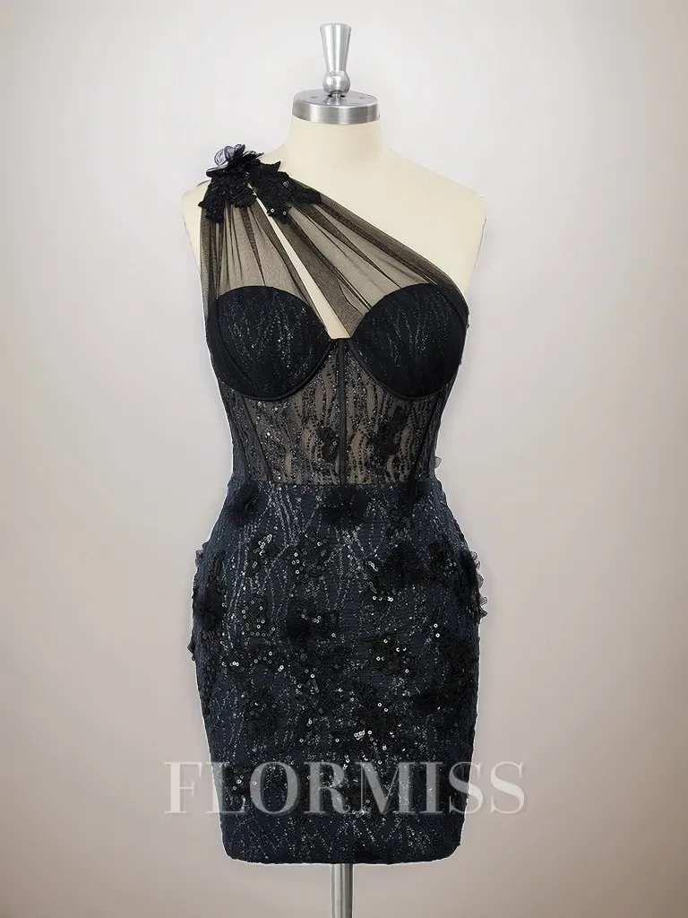 Sheath Tulle One-Shoulder Appliques Lace Corset Short/Mini Homecoming Dress