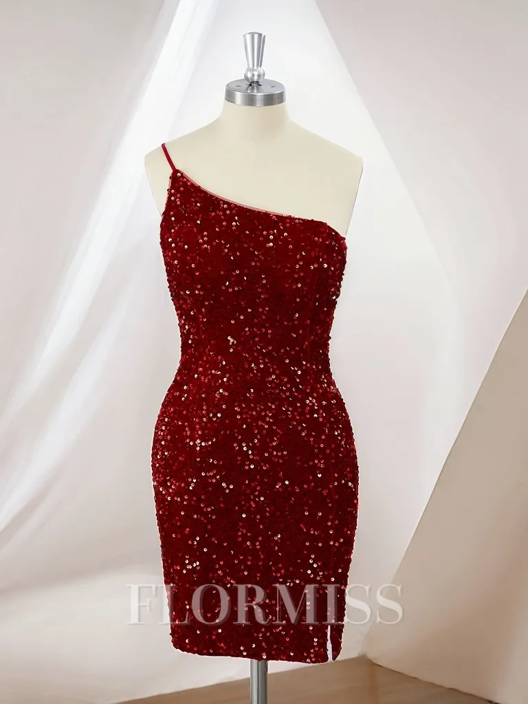 Sheath Velvet Sequins One-Shoulder Short/Mini Homecoming Dress