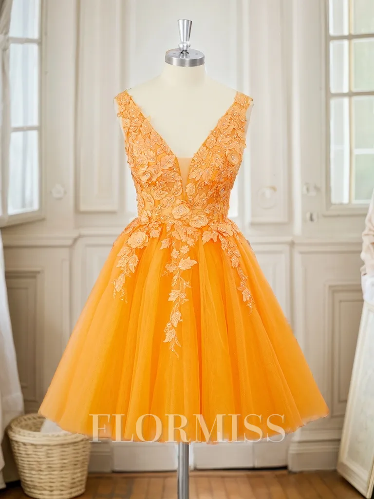 Ball-Gown Tulle V-neck Appliques Lace Short/Mini Homecoming Dress