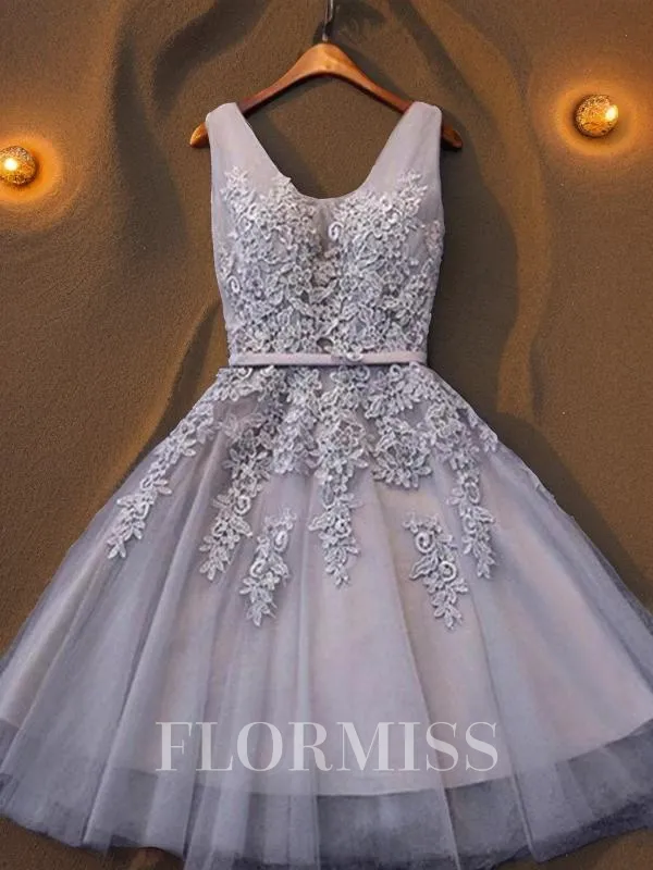 A-Line/Princess Straps Short/Mini Tulle Homecoming Dress With Appliques Lace