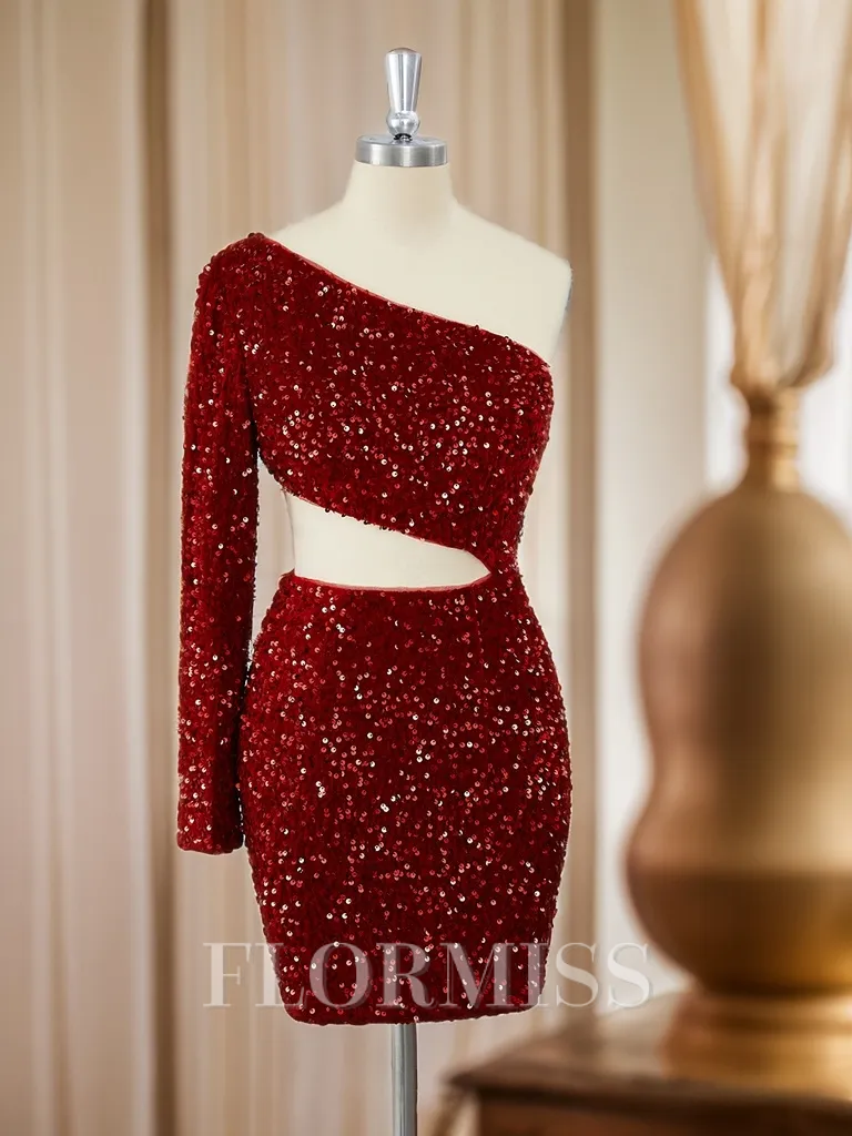 Sheath Long Sleeves Velvet Sequins One-Shoulder Short/Mini Homecoming Dress