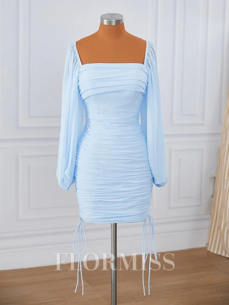 Sheath Long Sleeves Chiffon Square Pleated Short/Mini Homecoming Dress