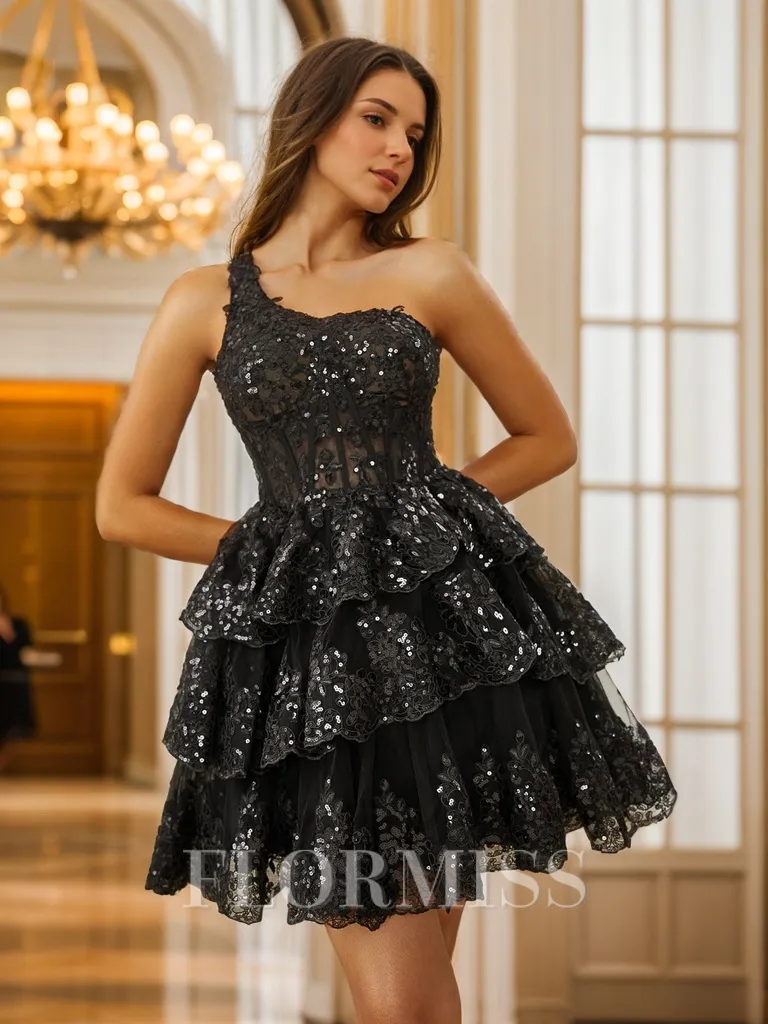 Ball-Gown One-Shoulder Appliques Lace Short/Mini Tulle Corset Homecoming Dress