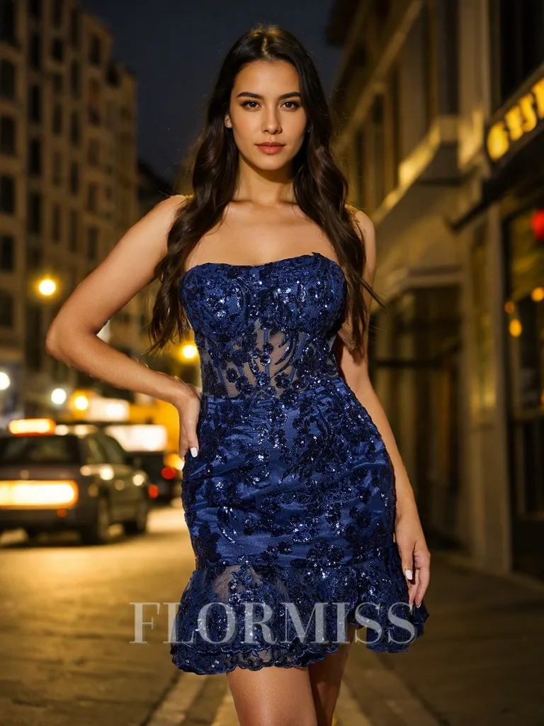Sheath Strapless Sequin Short/Mini Silk Like Satin Corset Homecoming Dress