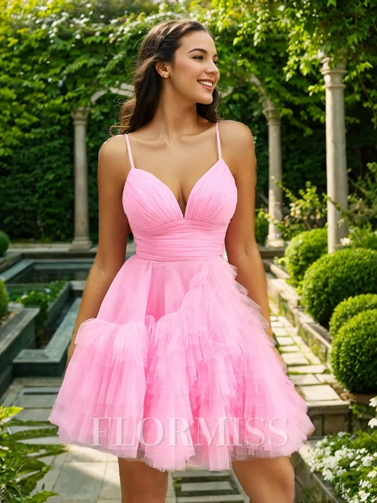 A-line V-neck Cascading Ruffles Short/Mini Tulle Homecoming Dress