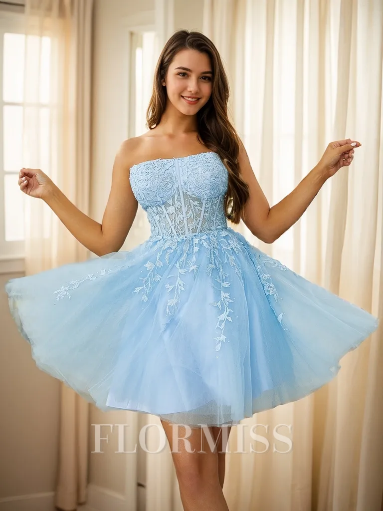 A-line Strapless Appliques Lace Short/Mini Tulle Corset Homecoming Dress