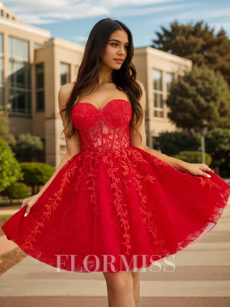A-line Sweetheart Appliques Lace Short/Mini Tulle Corset Homecoming Dress
