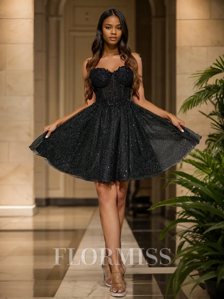 A-line Spaghetti Straps Appliques Lace Short/Mini Tulle Corset Homecoming Dress