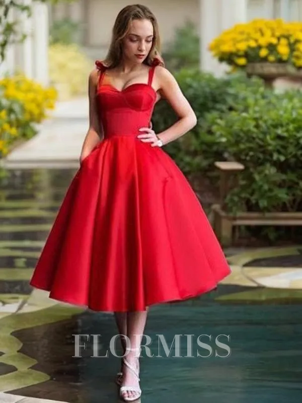 A-Line/Princess Straps Tea-Length Satin Homecoming Dress